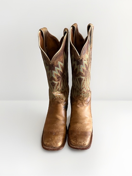 Tony Lama Shoes - Tony Lama Brown Leather Western Heeled Boots with Green Stitching
